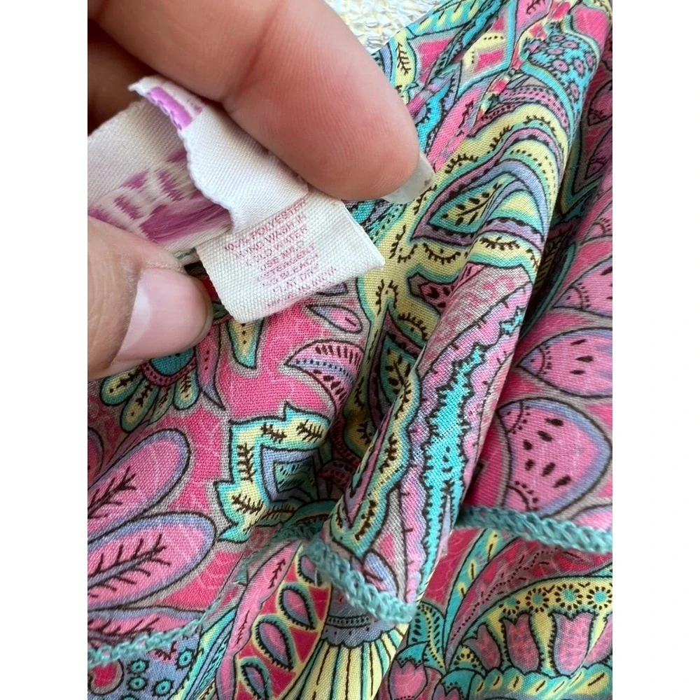 Boemo Pink Teal Paisley Ruffle Tiered Maxi Dress Boho Tassel Back Womens Medium‎